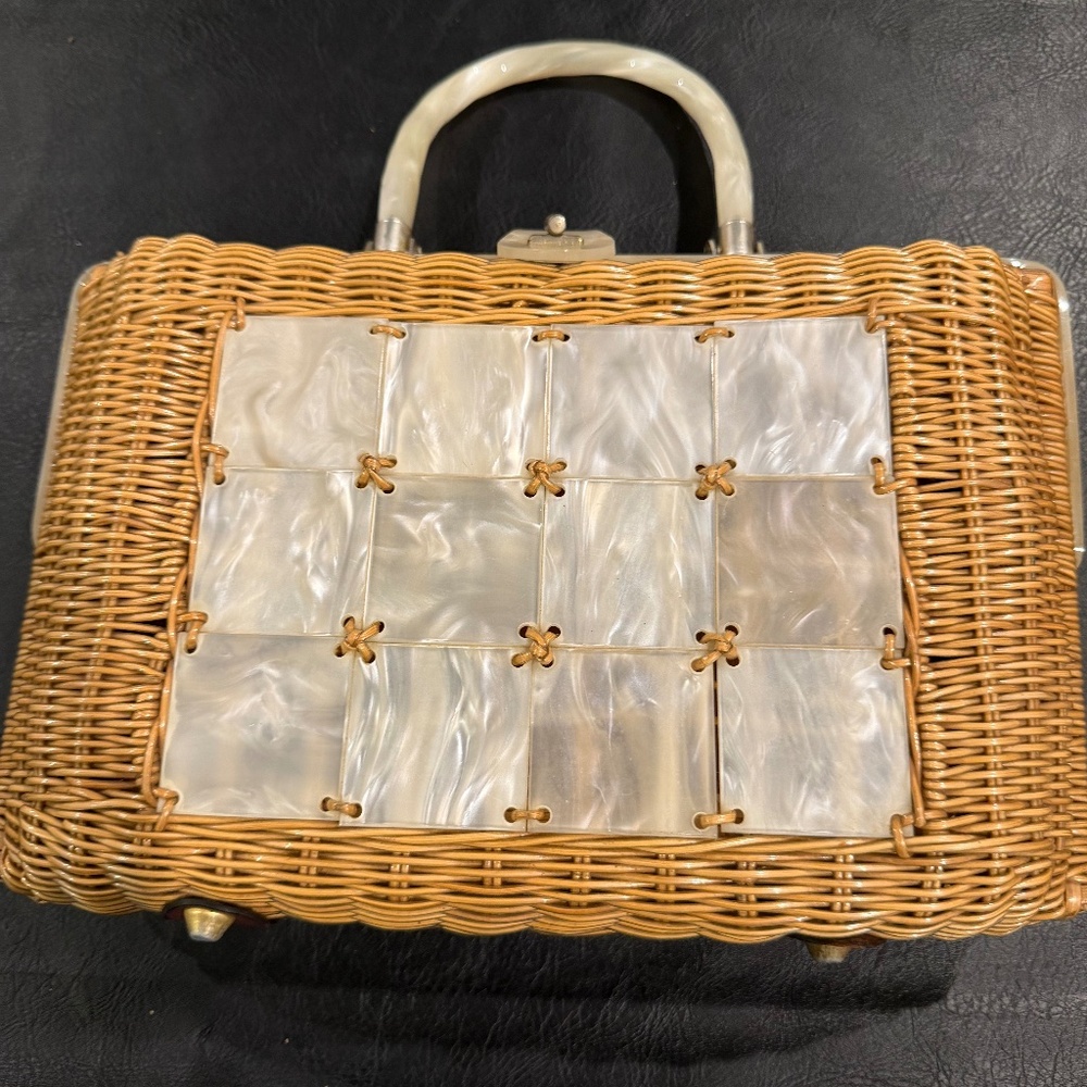 1950's Vintage Stylecraft Miami Straw & Lucite Pearl Purse Handbag
